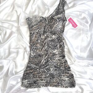 4everyoung Animal Paisley One Shoulder Ruched Bodycon Mini Dress Rhinestone M